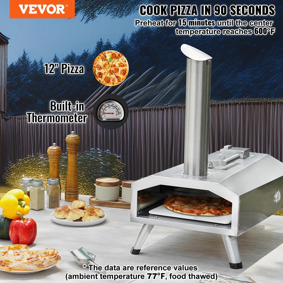VEVOR Horno de Pizza Portátil Combustible Dual para Uso al Aire Libre, Alimentado con Pellets y Gas y Piedra de Pizza de Cordierita Espesa, Pata Plegable a Acampar y Patio, 360 x 680 x 850 mm, Plata