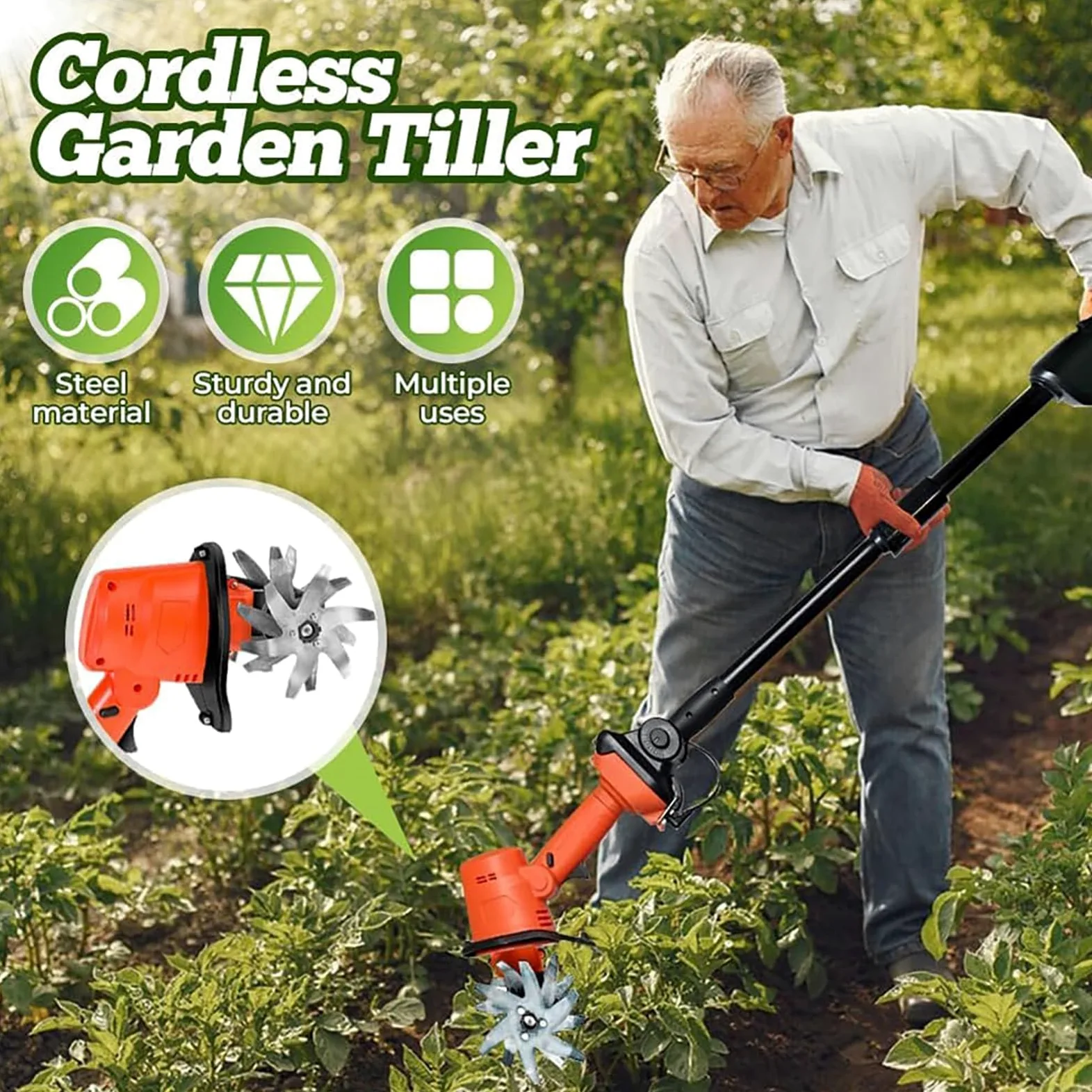 Rotocultivador eléctrico de jardín, minicultivador inalámbrico de 21 V, cultivador de Tierra portátil, 235 RPM con 4 Filas de púas, Cargador de 2 baterías de 1,5 Ah, Ancho de labranza de 10 cm