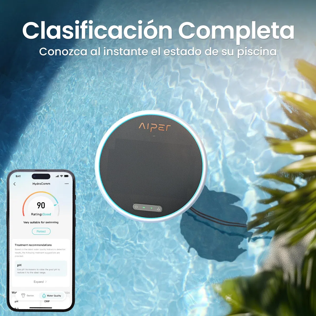 AIPER HydroComm Analizador Agua Piscina Inteligente – Monitor de Piscina con App, Análisis 5-en-1 (pH, ORP, EC, TDS, Temperatura), Supervisión Automática 24/7, Energía Solar + Batería
