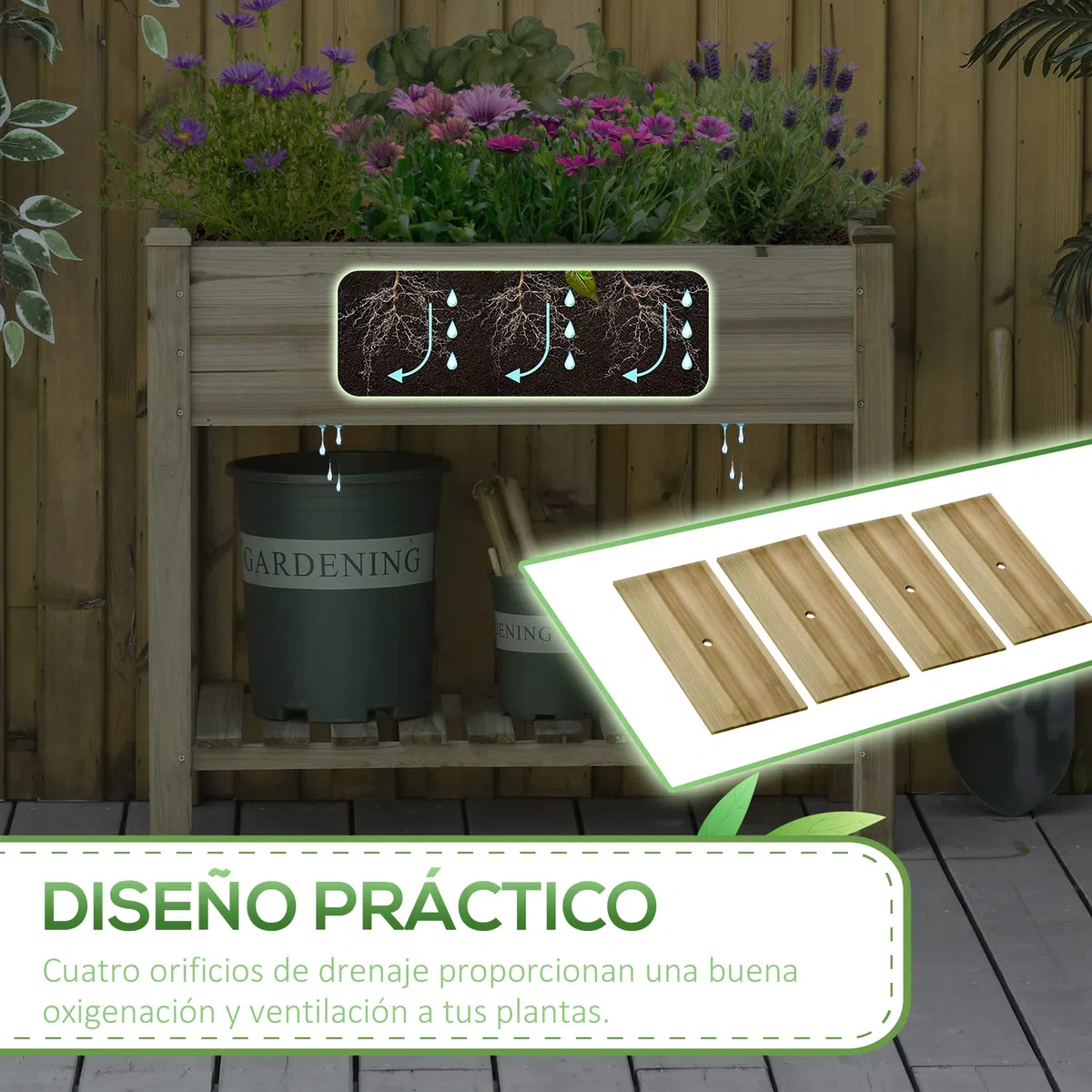 Outsunny Huerto Urbano de Madera con Estante Mesa de Cultivo Rectangular con Orificios de Drenaje para Cultivos Plantas Jardín Terraza Exterior Carga 80 kg 91x51x76 cm Natural