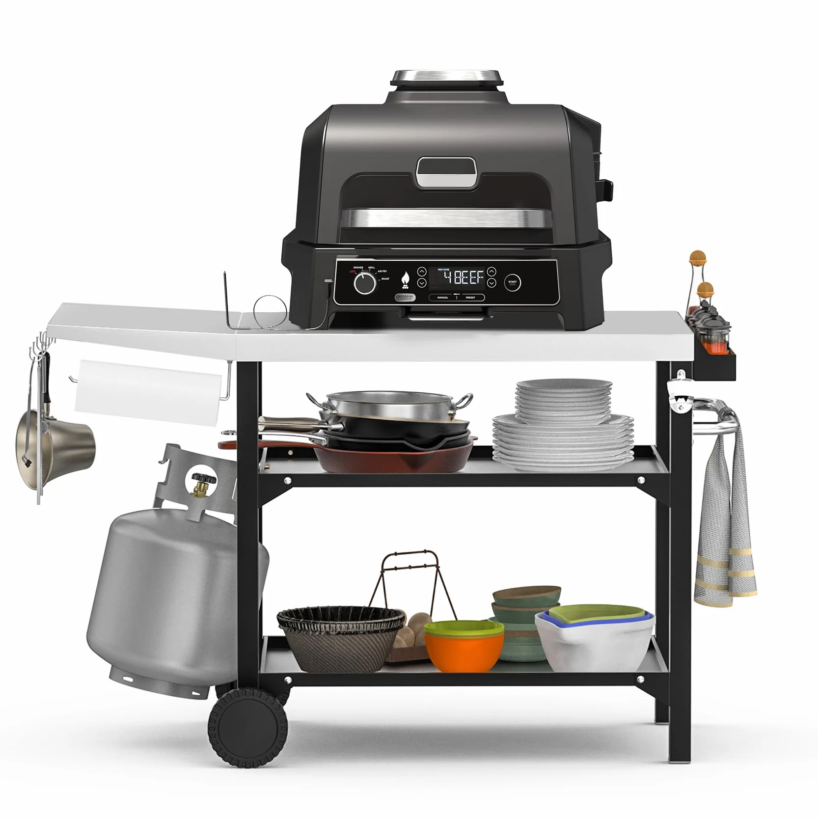 onlyfire Carros de Barbacoas, Mesa de Preparación de Alimentos de Acero Inoxidable con Mesa Auxiliar, Estantes de Acero de Dos Capas y Portautensilios