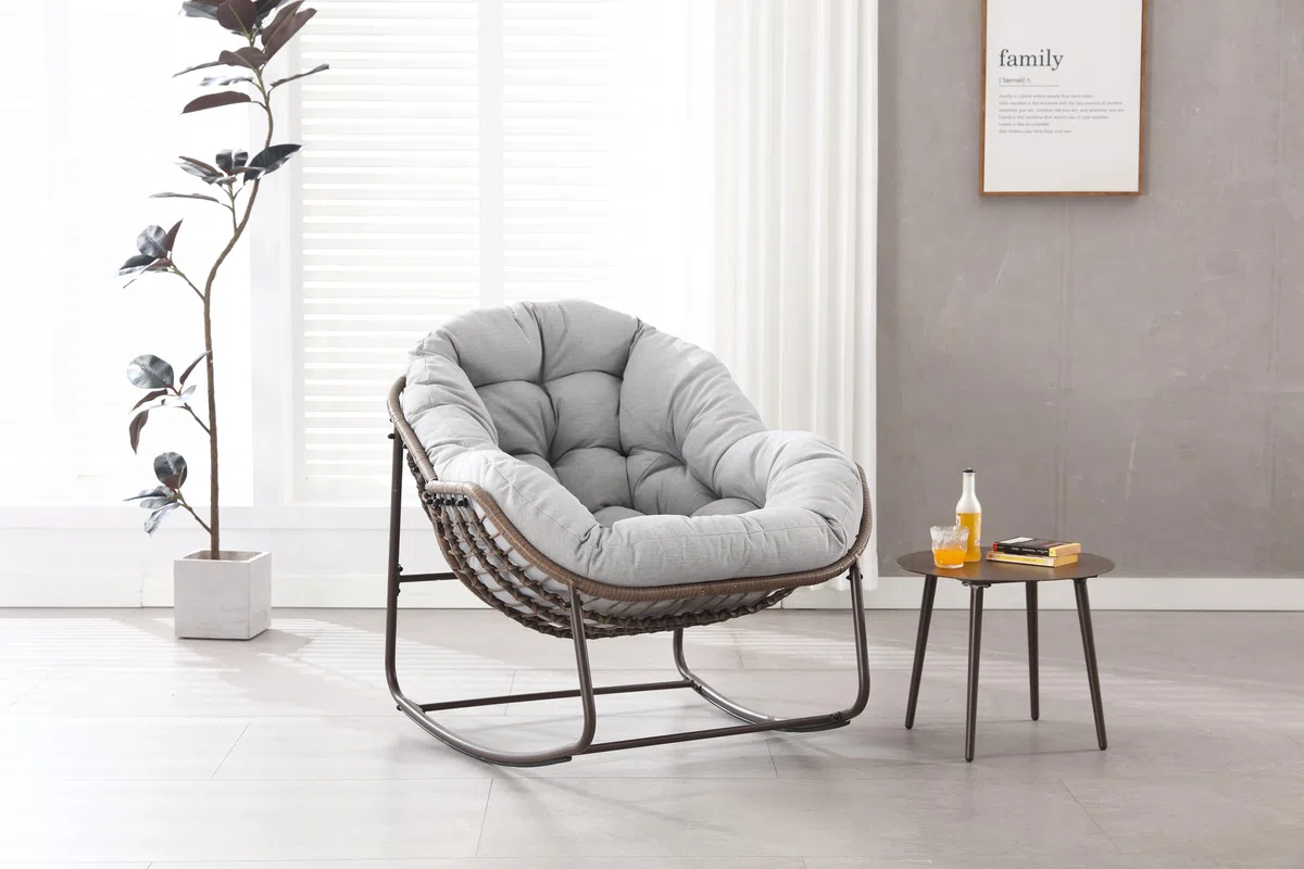 MURUL Mecedora de patio de mimbre de gran tamaño y forma de huevo. Una cómoda mecedora para interior y exterior con cojín grueso. Un sillón moderno adecuado para balcón (gris)