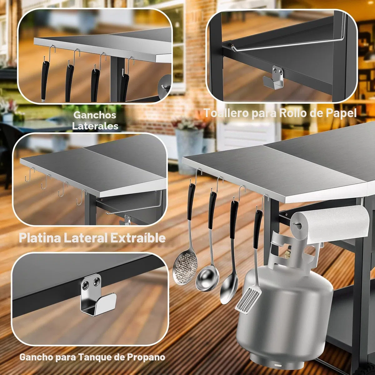 onlyfire Carros de Barbacoas, Mesa de Preparación de Alimentos de Acero Inoxidable con Mesa Auxiliar, Estantes de Acero de Dos Capas y Portautensilios