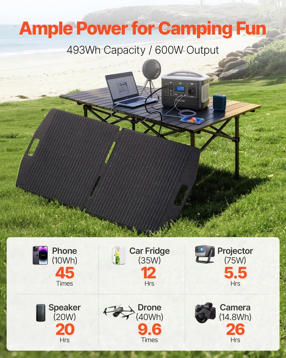 VEVOR Estación de Energía Portátil 600 W con Panel Solar de 100 W, Generador de Energía Batería de Respaldo LiFePO4 de 493 WH, con 7 Puertos de Salida para Hogar, Campamentos, Viajes en Autocaravana