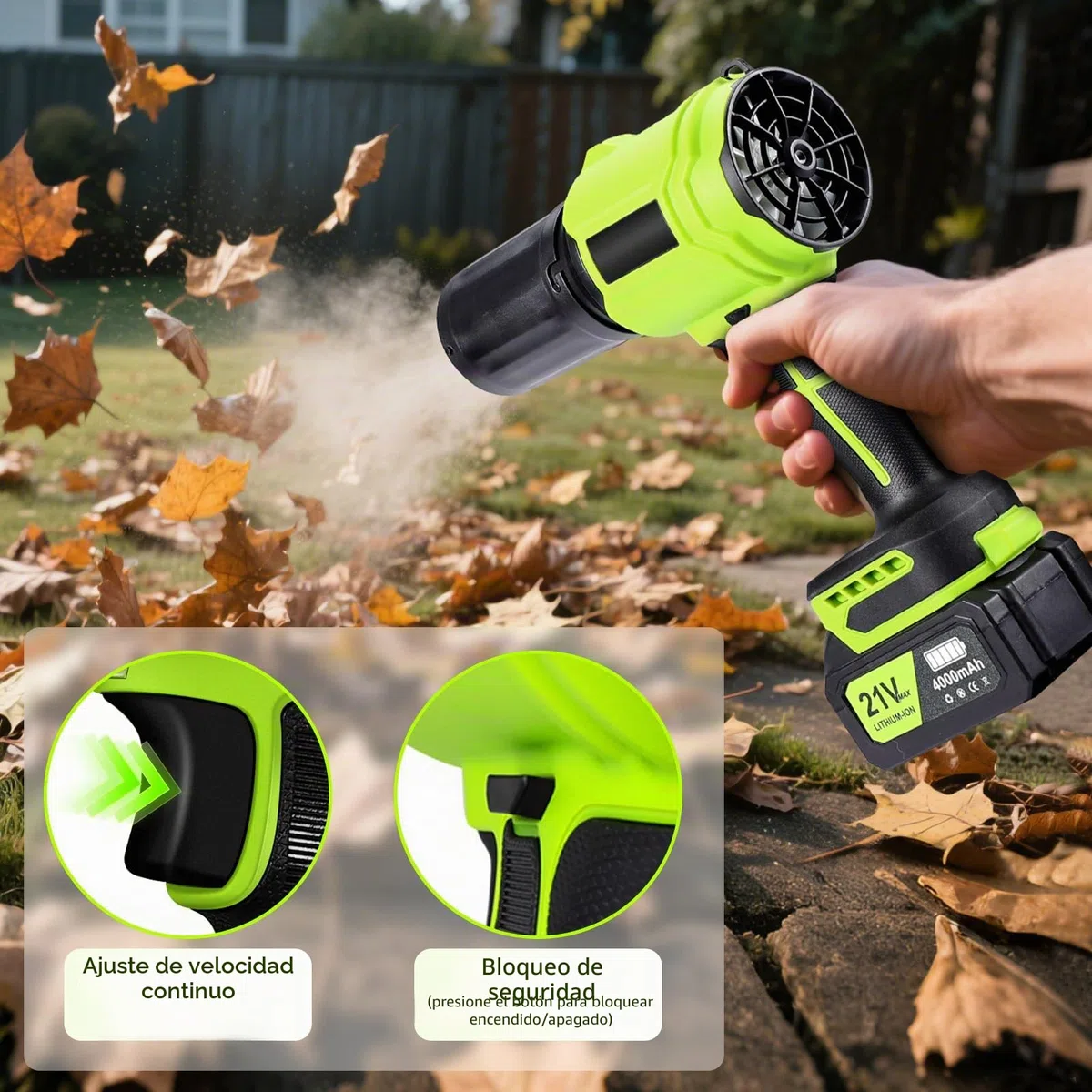 Soplador de Hojas, Soplador Turbo Jet, Soplador de Aire Potente con 2 Baterías 800000 RPM, Ideal para Jardín, Coche, Patio, Nieve y Camping, Verde Lima