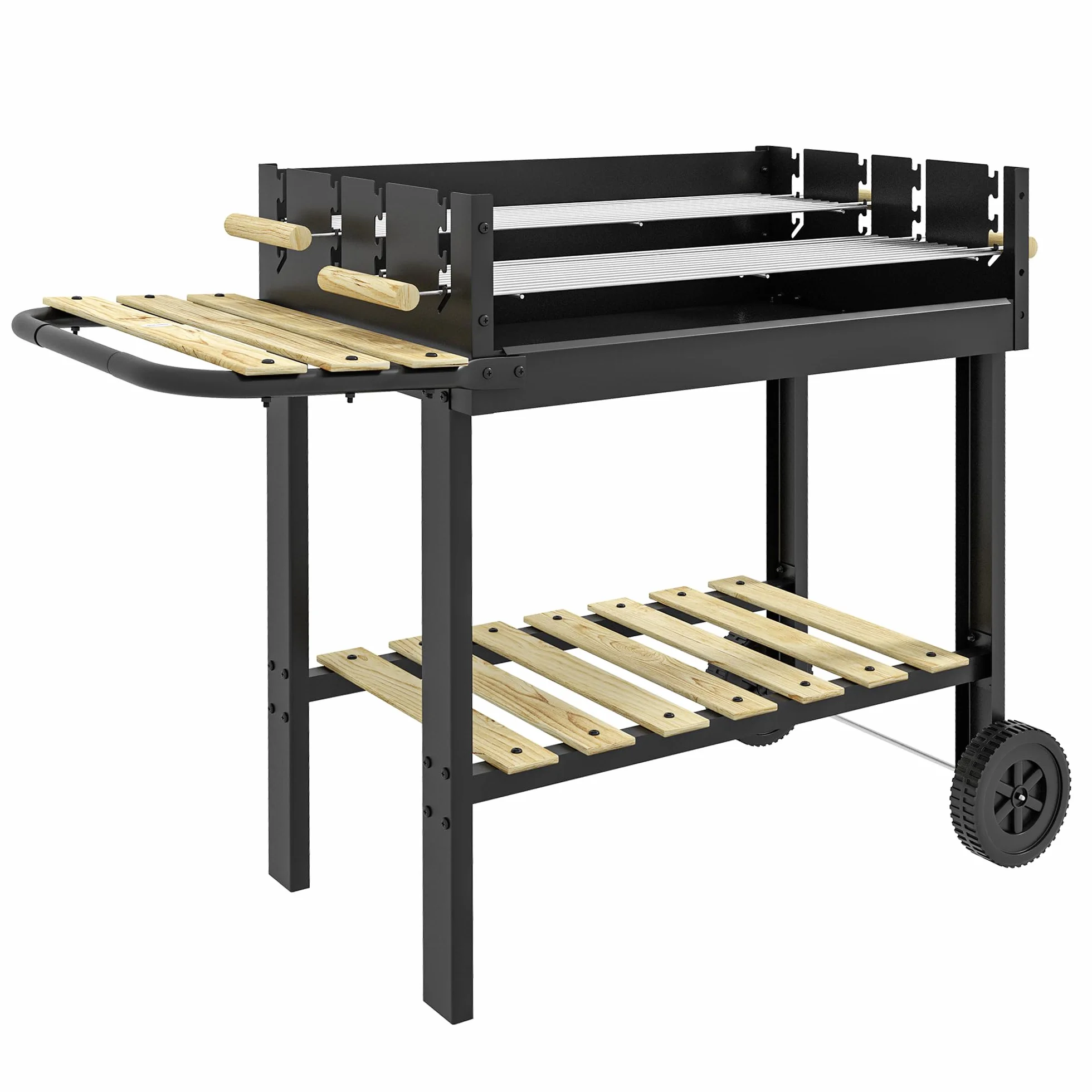 Outsunny Barbacoa de Carbón, Barbacoa Portátil, 113x53,5x82,5 cm, con 2 Parrillas Alturas Ajustables, Mesa Lateral, Estante y Ruedas, para Jardín o Fiesta al Aire Libre, Negro