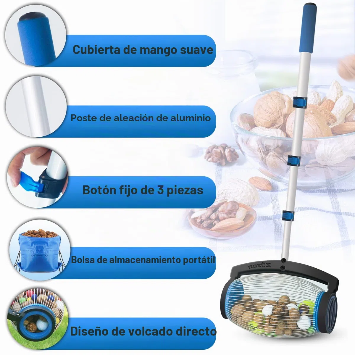 zozen Colector de nueces,Diseño Apertura de Tapa Lateral Patente, aplicar a nueces Nogal(Grande), Dardos Nerf, Golf,2.5 Objetos centímetros a 6,5 centímetros(Ggrande).
