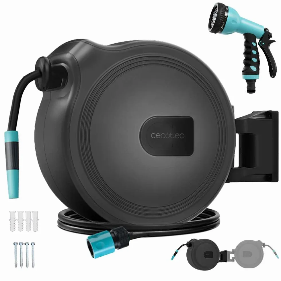 Cecotec Carrete de Manguera de 30m HydroShell 30. Enrollador Automático con SlowReturn Technology, Portátil y Ergonómico, Incluye Boquilla Simple y Pistola Pulverizadora, Conexión Universal 3in1