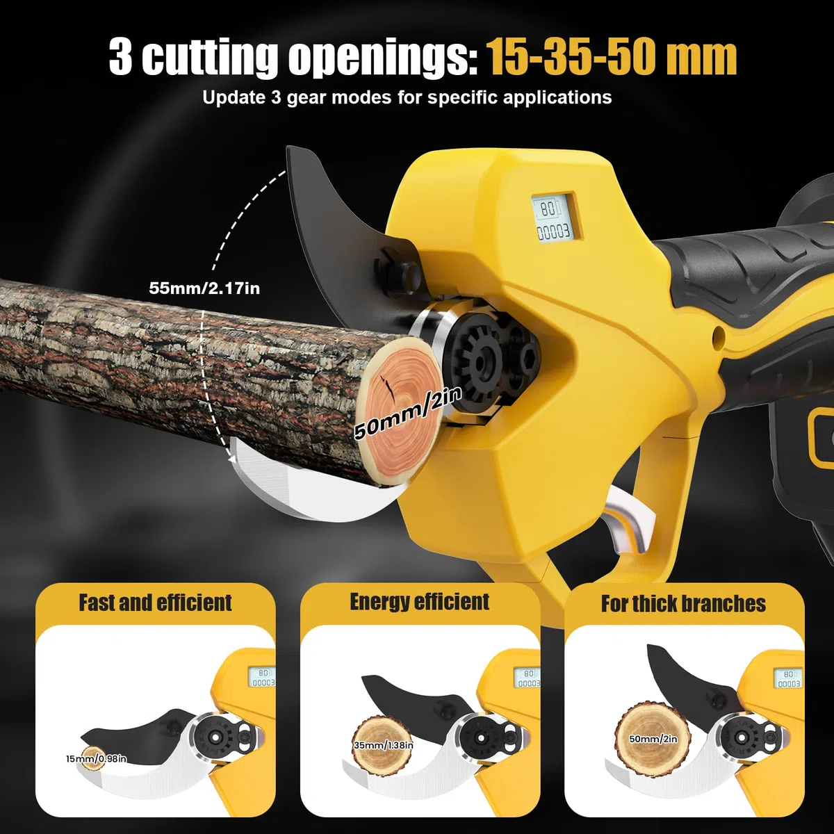 Tijeras De Podar Electricas, 50mm Tijeras De Podar Bateria, Con varilla de extensión, pantalla, motor sin escobillas de 1000 W, 2 baterías de 2000 mAh, Duración de la batería de 4 a 8 horas