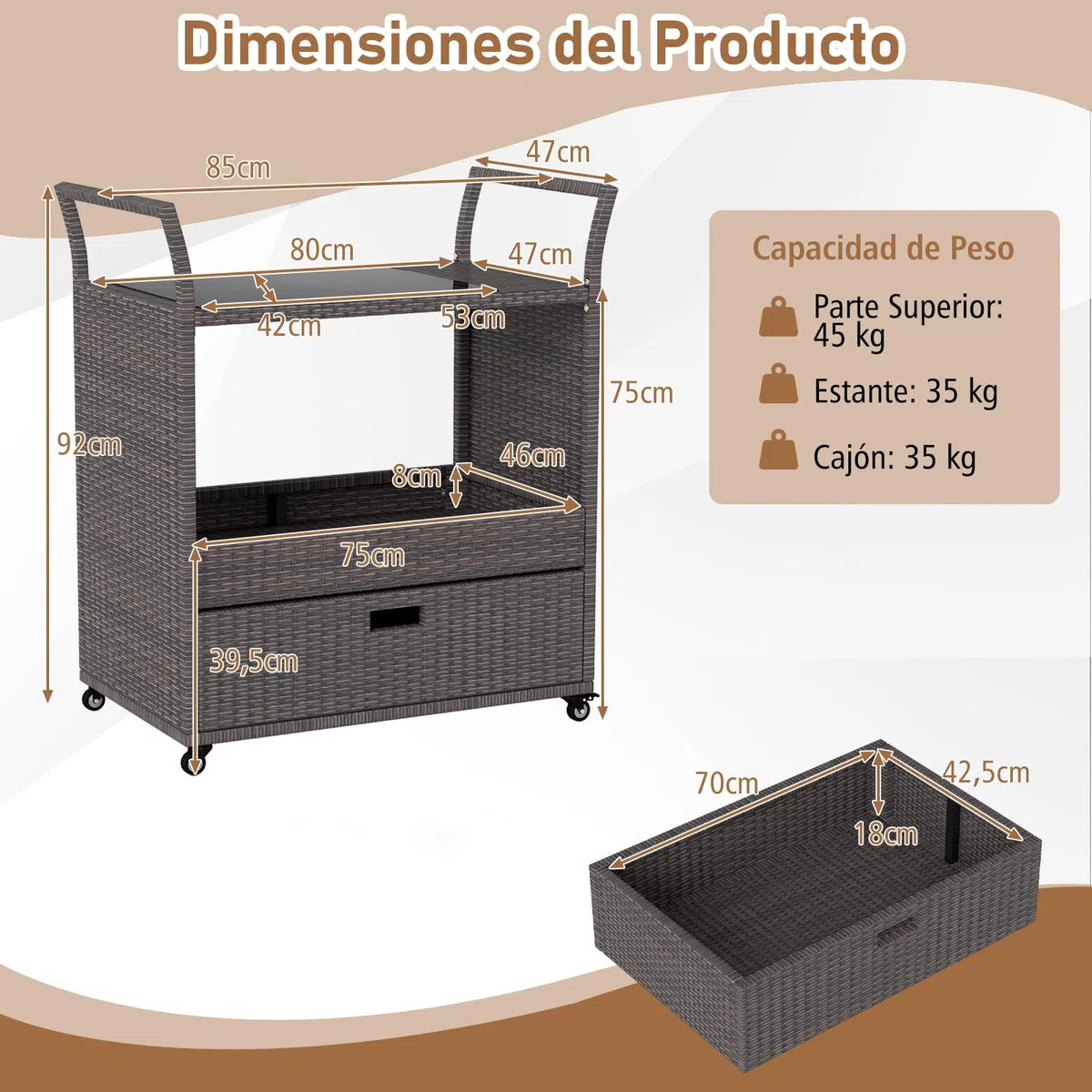 COSTWAY Carrito de Ratán para Exterior, Mesa Auxiliar Rodante con Encimera de Vidrio Templado, Estante Abierto y Cajón Grande, Carro de Servicio de Ratán PE para Patio Porche Jardín Piscina