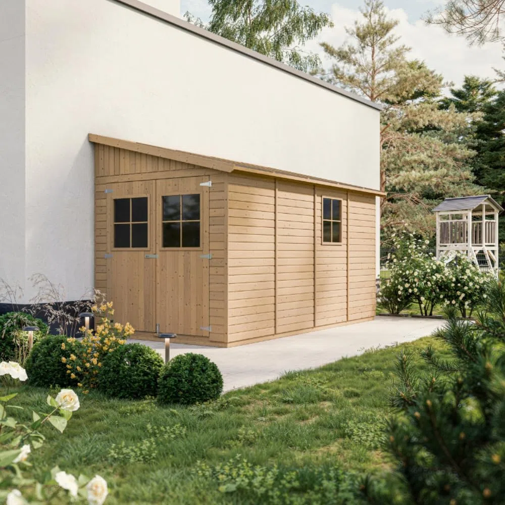 Cobertizo de Madera para jardín SIN Pared Lateral- con Suelo TRATADO – H243x216x416 cm/8 m2 Cobertizo de Madera Natural - Taller de Jardín - TIMBELA M340+M340G