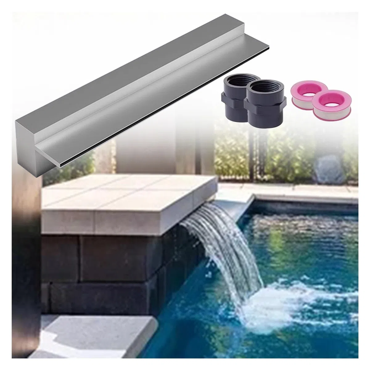 Derrame de cascada de acero inoxidable para piscina, diseño delgado empotrado para una fácil instalación, mejora las características del agua del jardín y el patio trasero