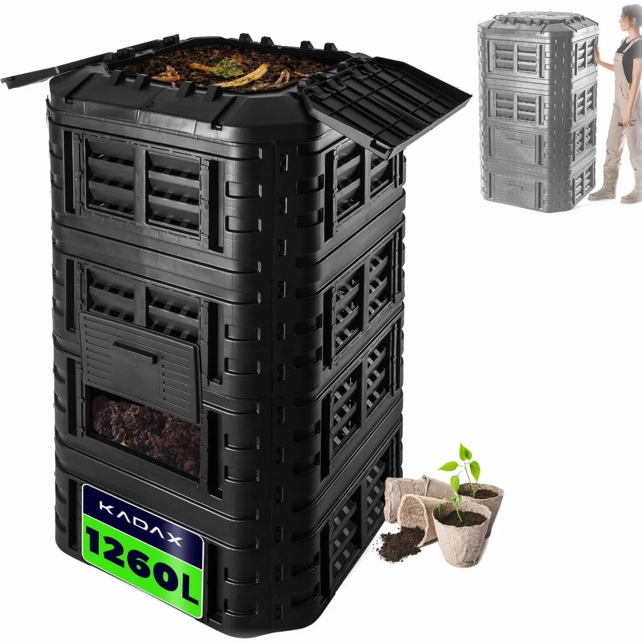 KADAX Compostador de plástico rápido, compostador con botones a presión, compostador térmico negro con tapa plegable (1260 L)