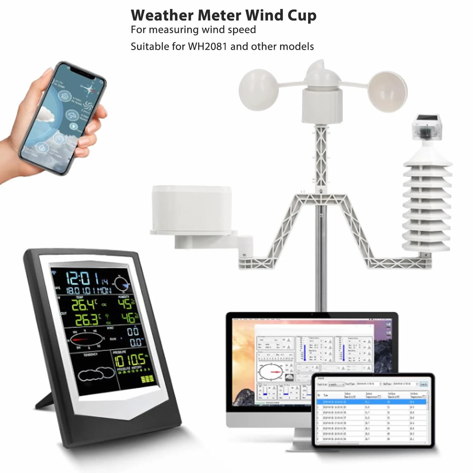 Kit de Medidor Meteorológico, Anemómetro de Copa de Veleta, Anemómetro, Taza de Sensor de Medición de Velocidad, Conector RJ11, 3 Tazas, Medidor de Dirección del Viento para