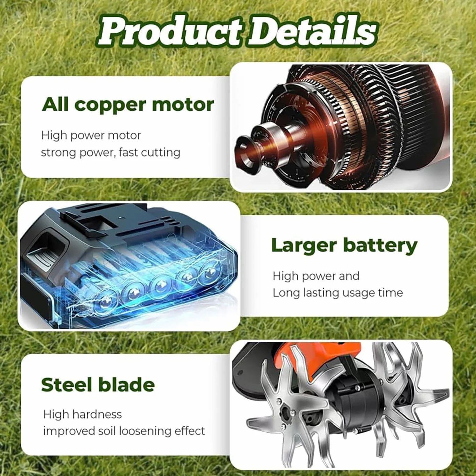 Rotocultivador eléctrico de jardín, minicultivador inalámbrico de 21 V, cultivador de Tierra portátil, 235 RPM con 4 Filas de púas, Cargador de 2 baterías de 1,5 Ah, Ancho de labranza de 10 cm