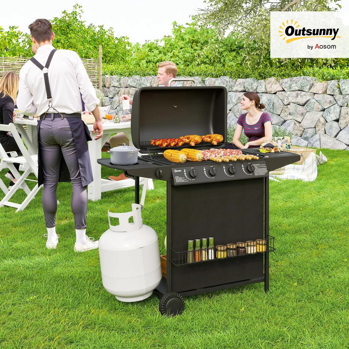 Outsunny Barbacoa de Gas BBQ Gas con 4+1 Quemadores 12 kW Barbacoa Portátil con Estante Especiero Termómetro Mesa Lateral 2 Ruedas Parrilla Recogedor de Grasa para Exterior Jardín Camping Negro