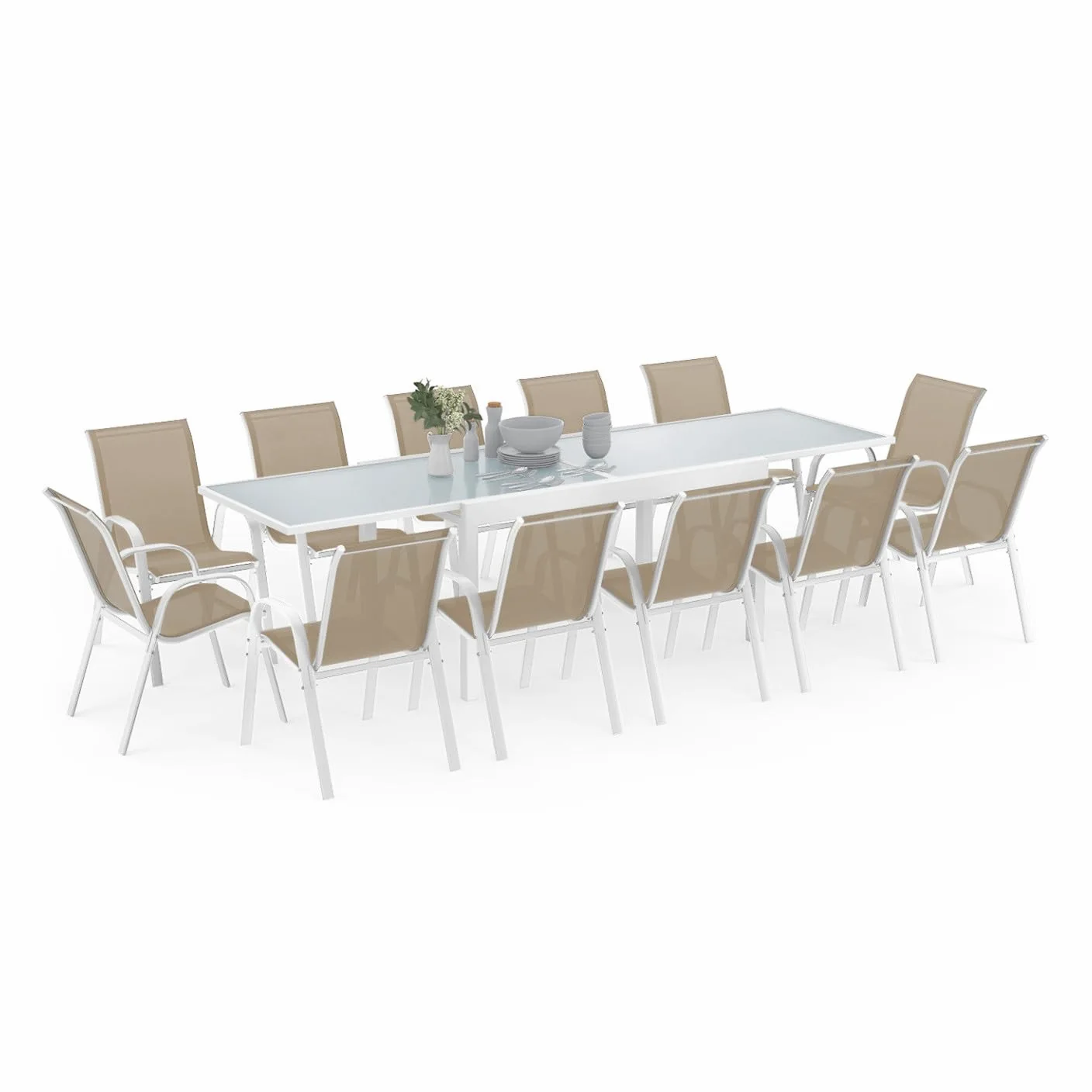IDMarket - Salón de Jardín Madrid Mesa Extensible 135-270 CM y 12 Sillas Apilables Blanco y Beige