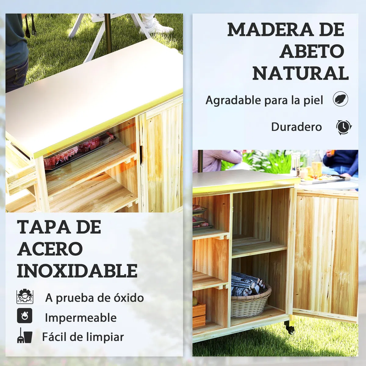 Outsunny Carrito de Parrilla Carrito de Barbacoa con 4 Ruedas Carro de Servicio de Madera Encimera de Acero Inoxidable Toallero y Especiero Estantes Armario para Patio Jardín 134,5x50x91,5 cm Natural