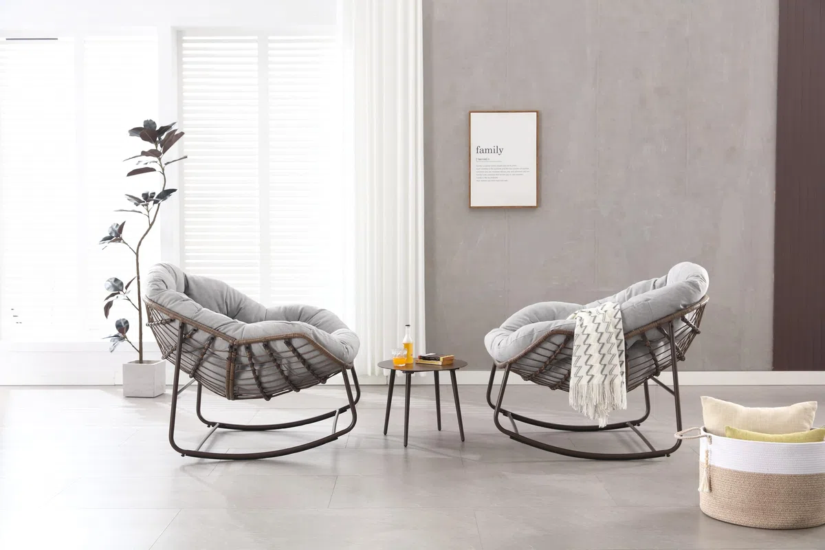 MURUL Mecedora de patio de mimbre de gran tamaño y forma de huevo. Una cómoda mecedora para interior y exterior con cojín grueso. Un sillón moderno adecuado para balcón (gris)