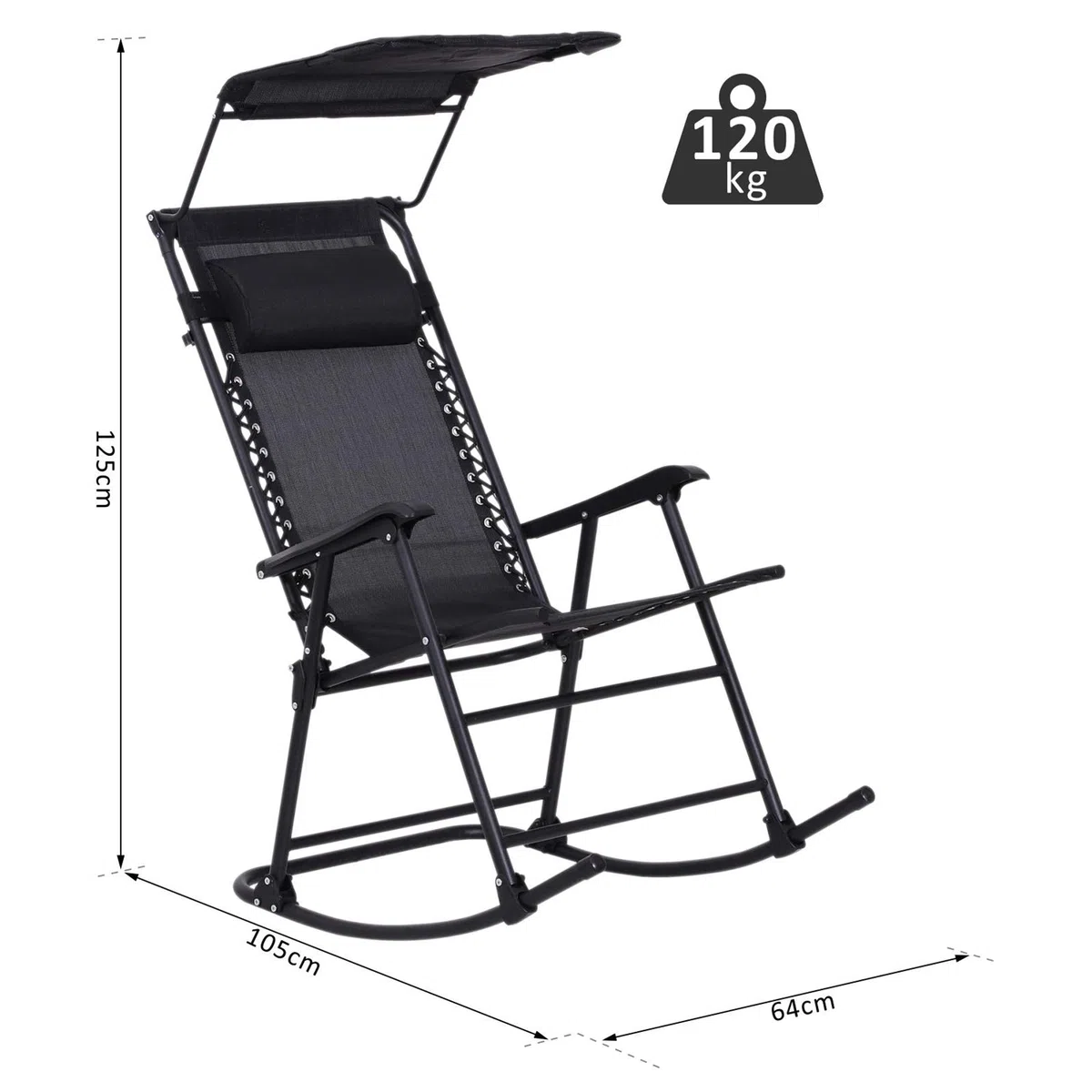 Outsunny Rocking Chair Plegable de Jardín Dim. 105 x 64 x 125 cm tetera + parasol incluido acero epoxi textileno negro