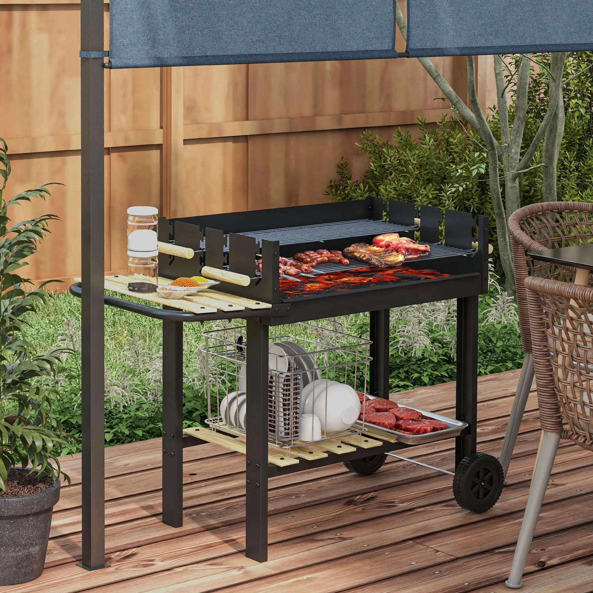 Outsunny Barbacoa de Carbón, Barbacoa Portátil, 113x53,5x82,5 cm, con 2 Parrillas Alturas Ajustables, Mesa Lateral, Estante y Ruedas, para Jardín o Fiesta al Aire Libre, Negro