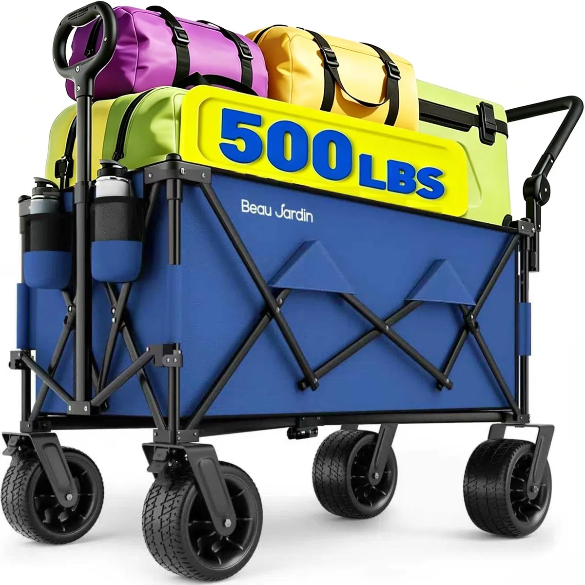 BEAU JARDIN XXL Carro Plegable Todo Terreno 300L 250KG con 4 Ruedas Giratorias, Carrito de Playa y Camping con Asa Retráctil, Azul