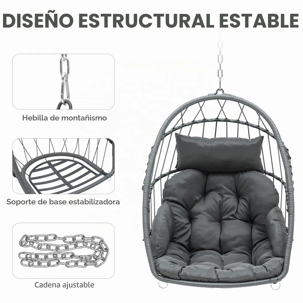 YITAHOME Silla Columpio Carga Máx. 150kg Silla Colgante de Forma Huevo con 2 Cojines, Estructura de Mimbre Resistente, 74x72x105cm Silla Colgante con Cadena y Gancho para Patio, Jardín, Interior, Gris