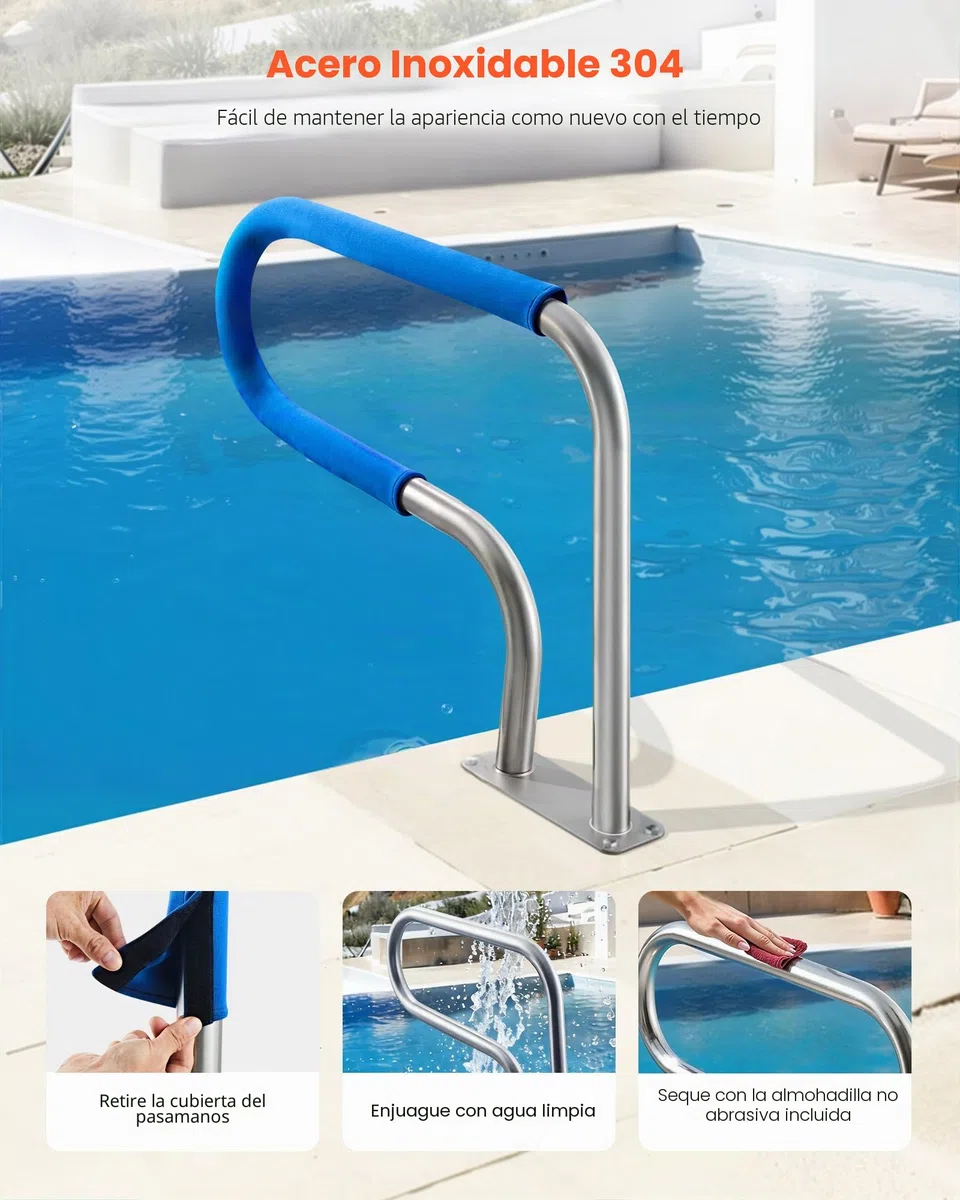 VEVOR Barandilla para Piscina 76,2 x 55,8 cm Pasamanos de Piscina Acero Inoxidable Agarradera Exterior Piscina Carga 113 kg Barandilla de Seguridad de Piscina con Cubierta de Nailon Tornillos Broca M8