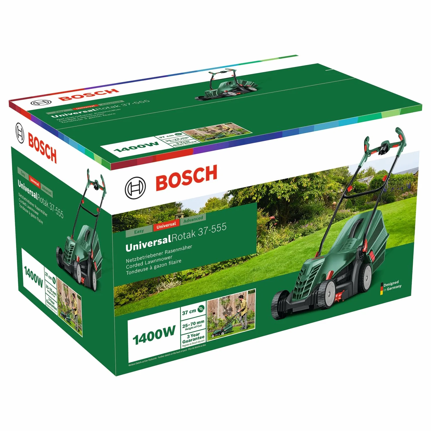 Bosch cortacésped con cable UniversalRotak 37-555 (1400 W de potencia del motor, ancho de corte: 37 cm, cesta colectora de 40 litros, asas Ergoflex)