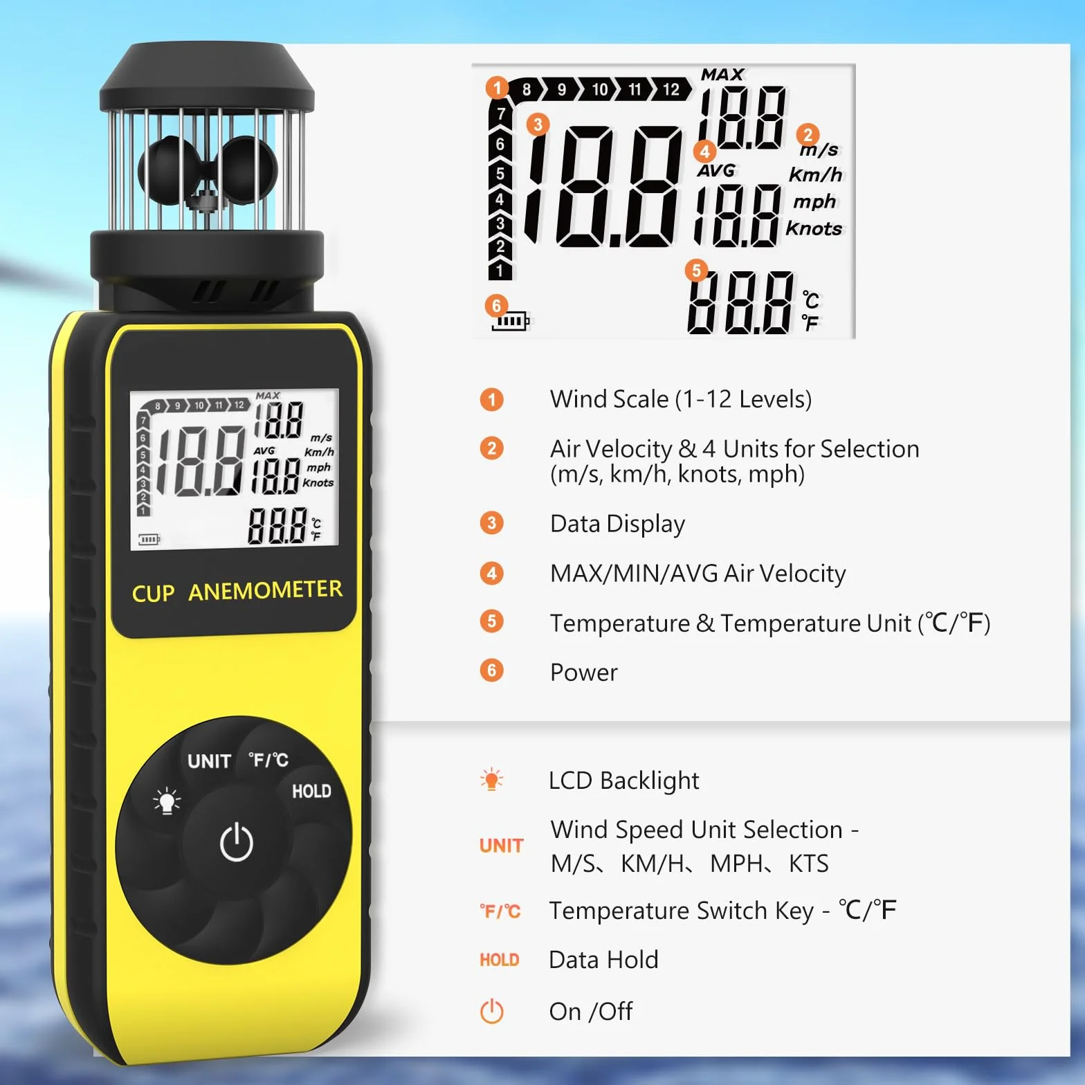 Wind Cup Anemómetro para Exterior, Digital Medidor de Velocidad Viento 0.7~42m/s con MAX/AVG Modos & Prueba de Temperatura del Viento, Wind Speed Meter con Brújula para Drones Vela Surf