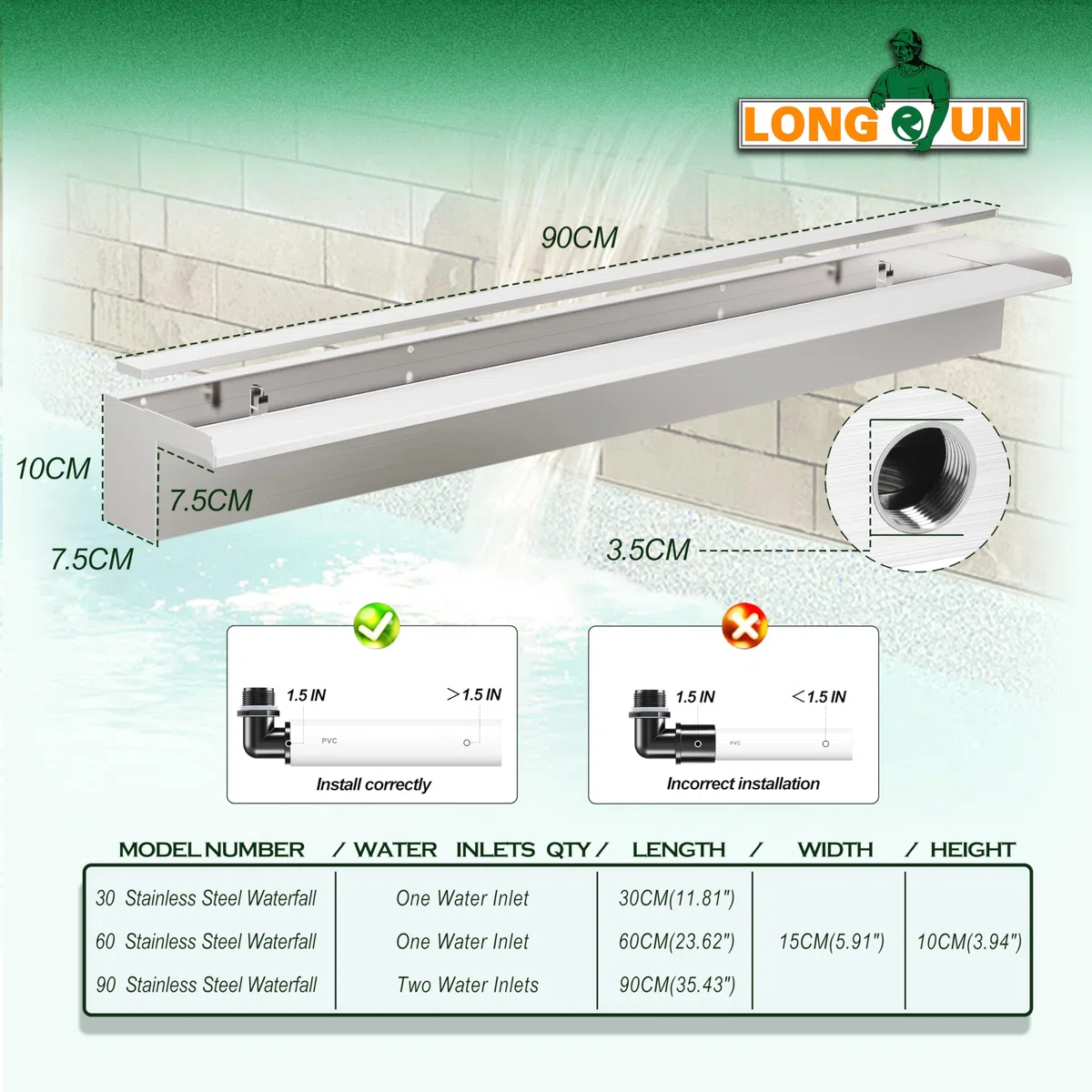 LONGRUN Kit de Cascada de Piscina de 90 cm, Fuente de Estanque de Acero Inoxidable 304, con luz LED RGB, Ancho 15 cm