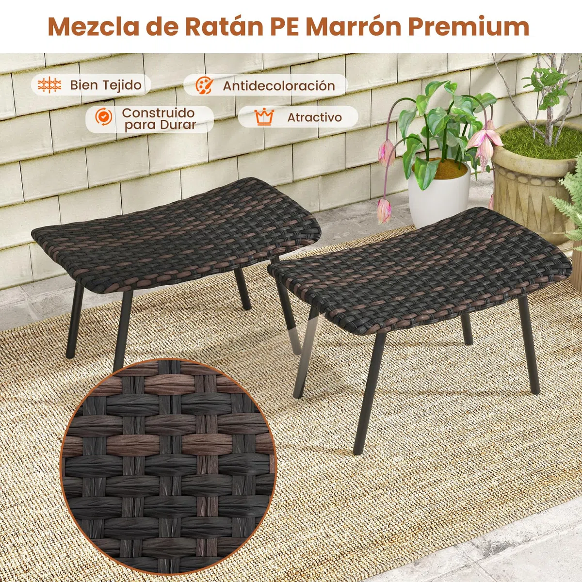 COSTWAY 2 Otomanas Ratán de Patio, Taburetes con Espuma Acolchada, Patas de Metal Resistentes, Reposapiés de Mimbre Exteriores Piscina Patio Trasero, Marrón