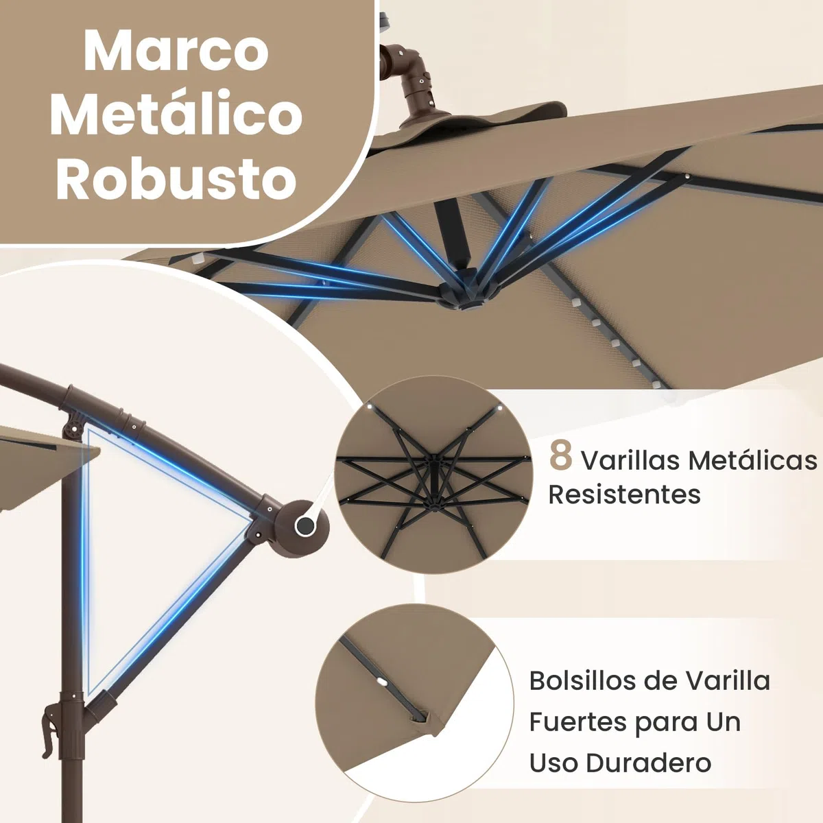 COSTWAY Sombrilla Terraza Exterior con Base, Parasol Excentrico 3x3 con 40 Luces LED, Sombrilla Jardin Inclinable con Manivela, Patio, Jardín, Terraza, Piscina, Playa (café)