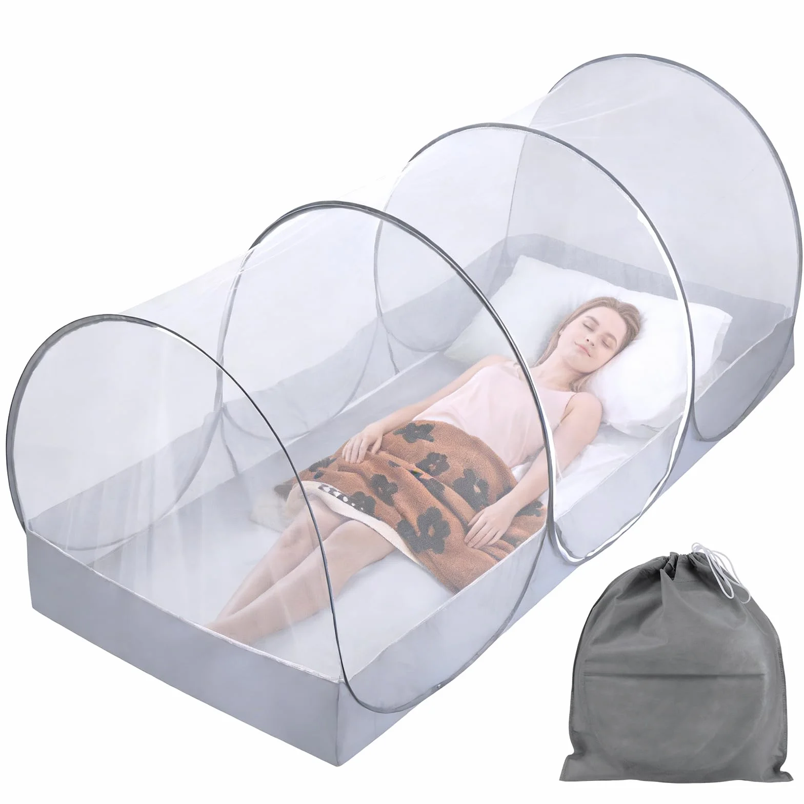 BigKing Mosquitera de Viaje, Ajustable, emergente mosquitera, portátil, Plegable, para Cama Individual con Cremallera, perfectablanco y Negro para dormitorios, Viajes o Camping (B)