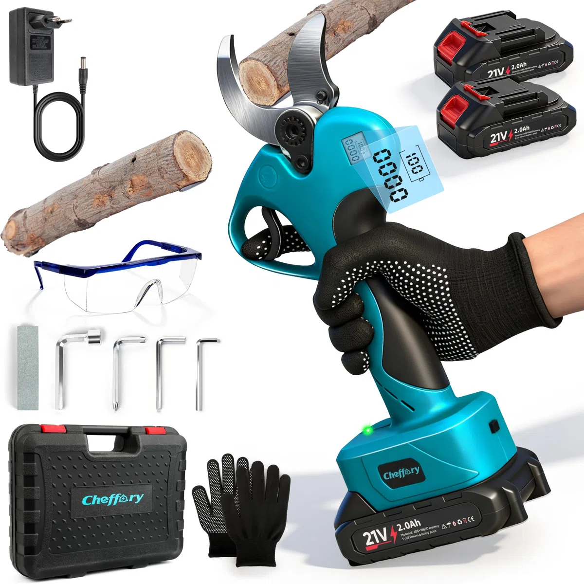 Tijeras de Podar Bateria, 60mm Tijeras de Podar Eléctricas con Motor Sin Escobillas 800W Hojas de Acero SK5 Pantalla LCD, Podadora Electrica para Huertos, Jardines y Granjas (Con Batería)