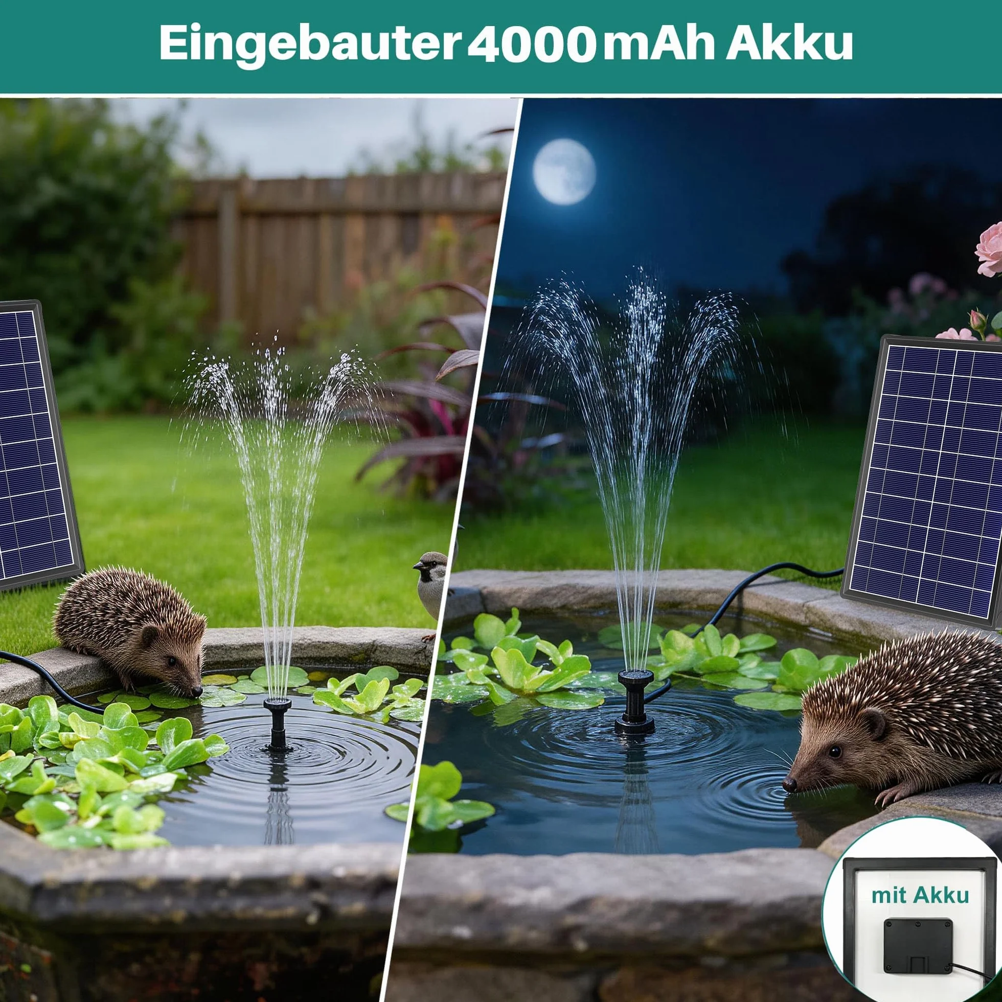 Biling Bomba solar para estanque con batería, 8 W, 300 l/h, silenciosa, con 8 boquillas, fuente solar exterior con manguera de arroyo para estanques de jardín, ventilación de hasta 500 l, DIY Mini