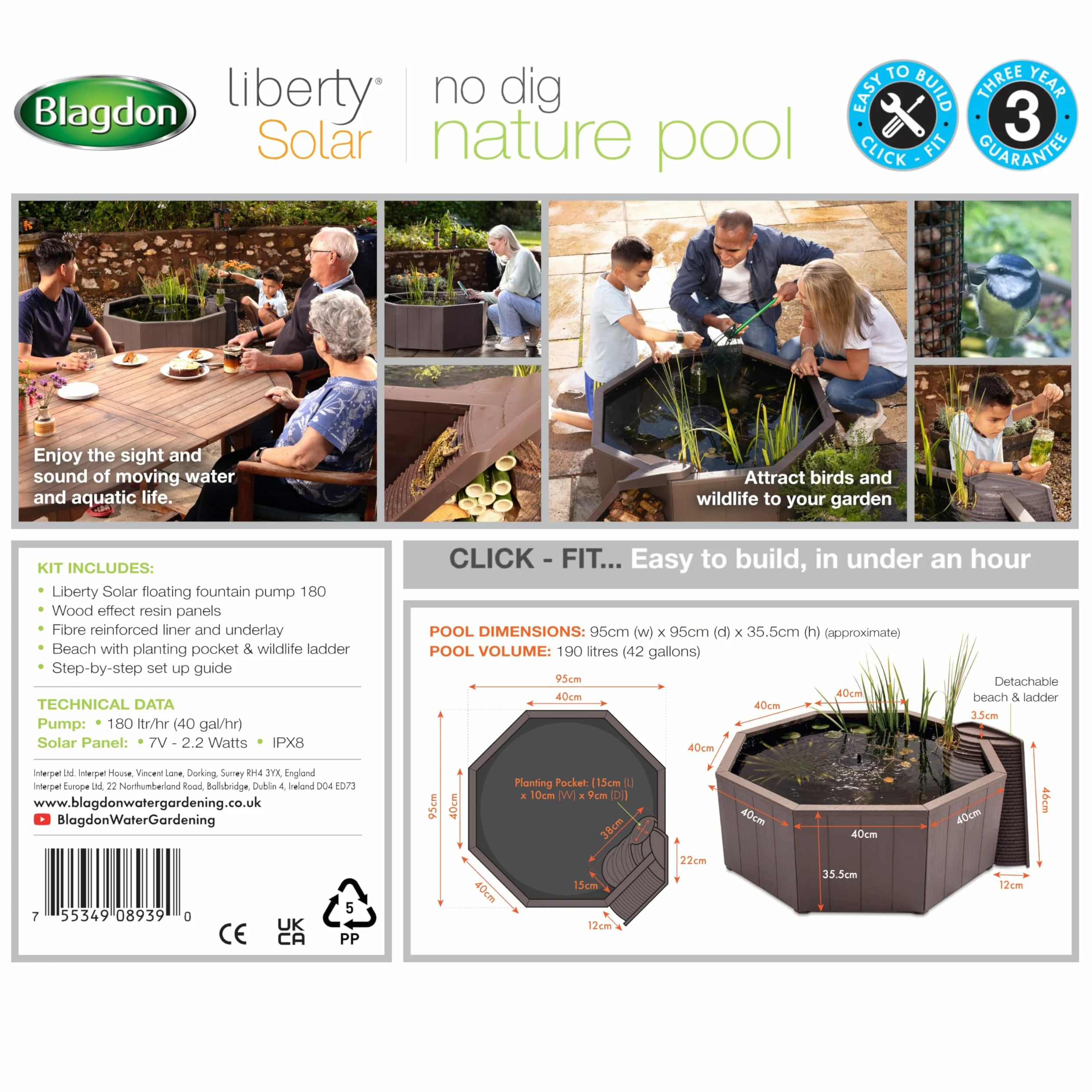 Blagdon Liberty - Piscina Natural sin excavación, Estanque Elevado para jardín o Patio, construcción fácil de Instalar, con Bomba Solar Flotante, Plataforma de Aterrizaje de pájaros, Escalera de