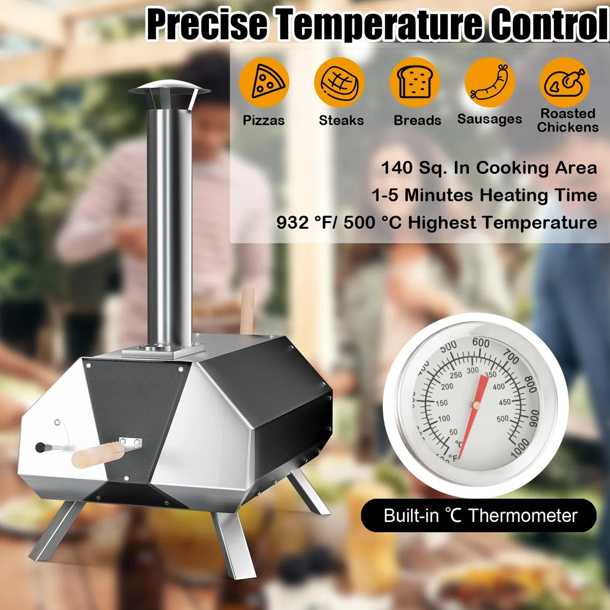 KOMFOTTEU 12" Horno de Pizza para Exterior, Horno de Leña Portátil con Piedra para Pizza, Pala de Pizza, Termómetro y Patas Plegables, Horno Pizzero de Acero Inoxidable para Barbacoa, Camping