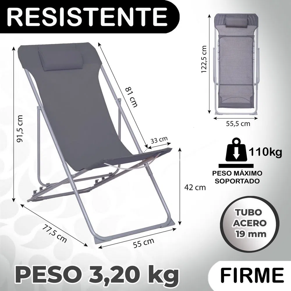 LOLAhome 2 sillas Camping jardín y terraza Plegables Cierre Tijera de Acero con Epoxi anticorrosión y textileno Reforzado Grises