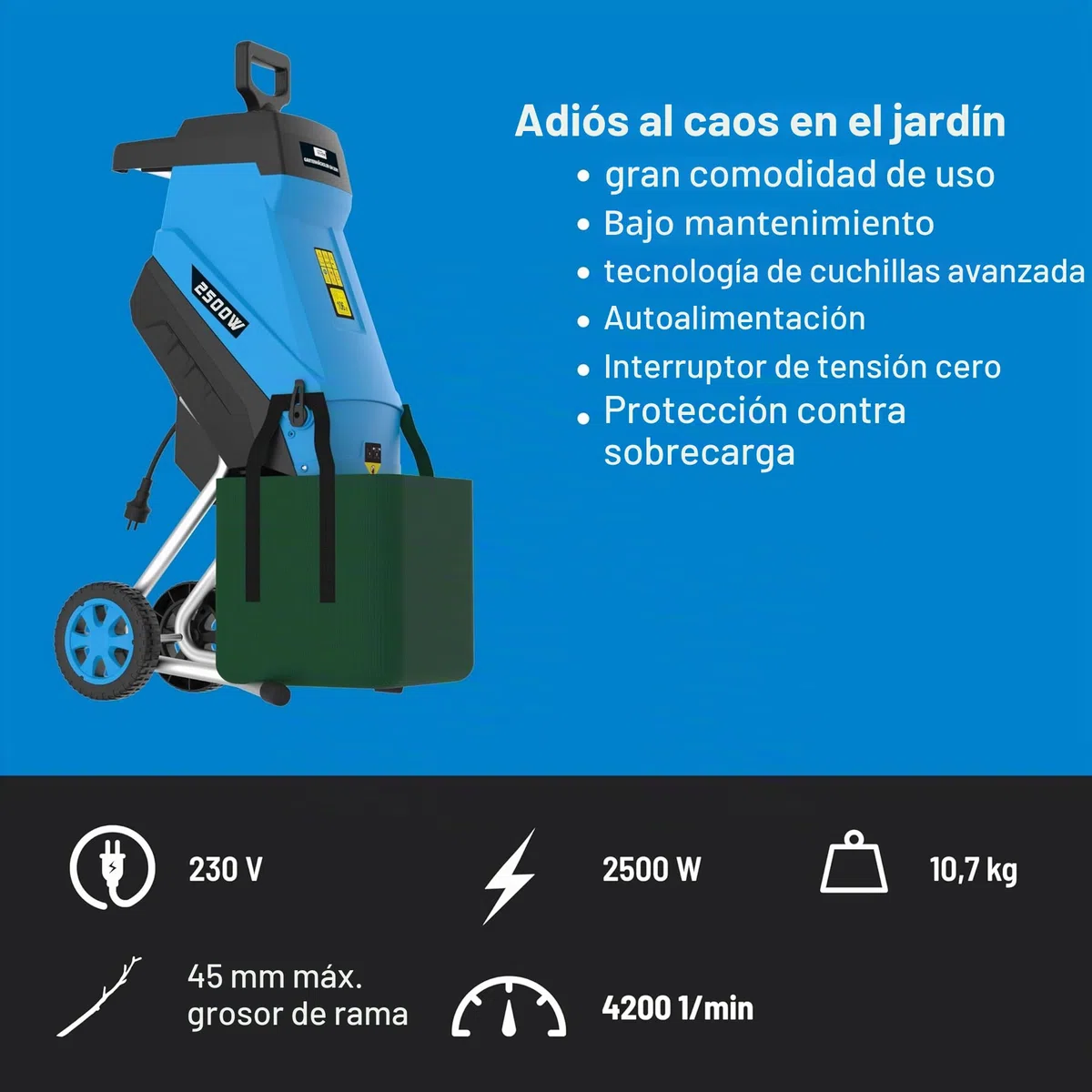 Güde Trituradora de jardín GH 2501 (2500 W, tecnología de cuchilla, bajo mantenimiento, autoalimentación, ruedas de transporte, protección contra sobrecarga, grosor máximo de rama 45 mm, incluye saco