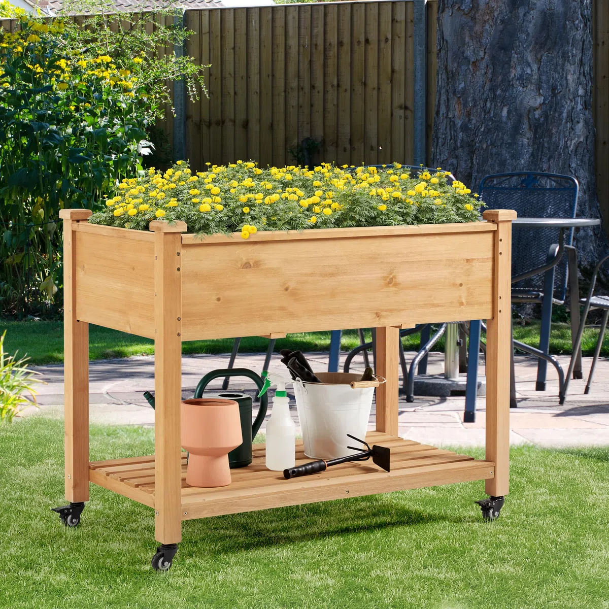 Yaheetech Huerto Urbano Elevado de Madera de Abeto Mesa de Cultivo de 2 Niveles con Ruedas Desmontables, Forro no Tejido, Ideal para Flores y Vegetales Marrón Claro 105 x 56 x 83 cm
