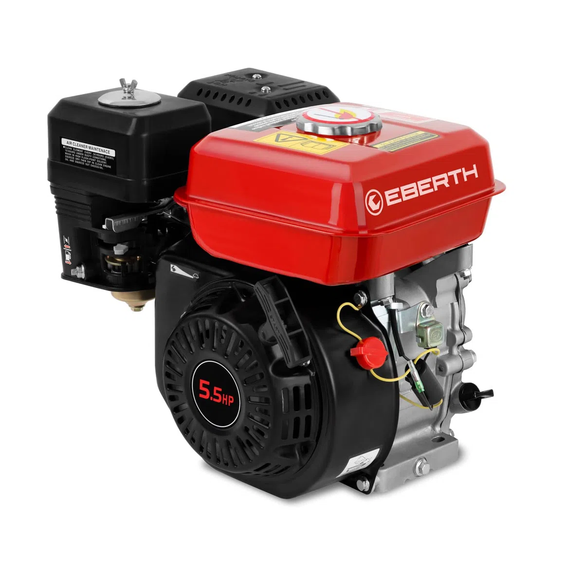 EBERTH Motor gasolina 4 tiempos con 5,5CV y 4,1kW, motor de gasolina, 20mm diámetro del eje, 1 cilindro 163cc desplazamiento, motor kart, alarma de aceite, refrigerado por aire, arranque manual