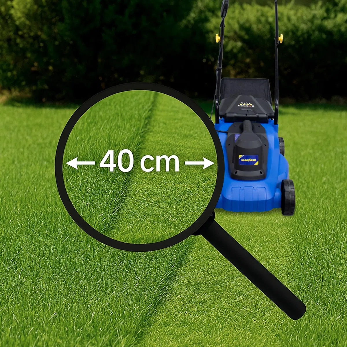 Goodyear - Cortacésped Eléctrico Rotativo 1800W, Ancho de Corte 40cm, Motor 3200 RPM, Segadora Eléctrica para Jardín hasta 300m², Altura Regulable y Bolsa de Recogida 35L, Ligero y Compacto
