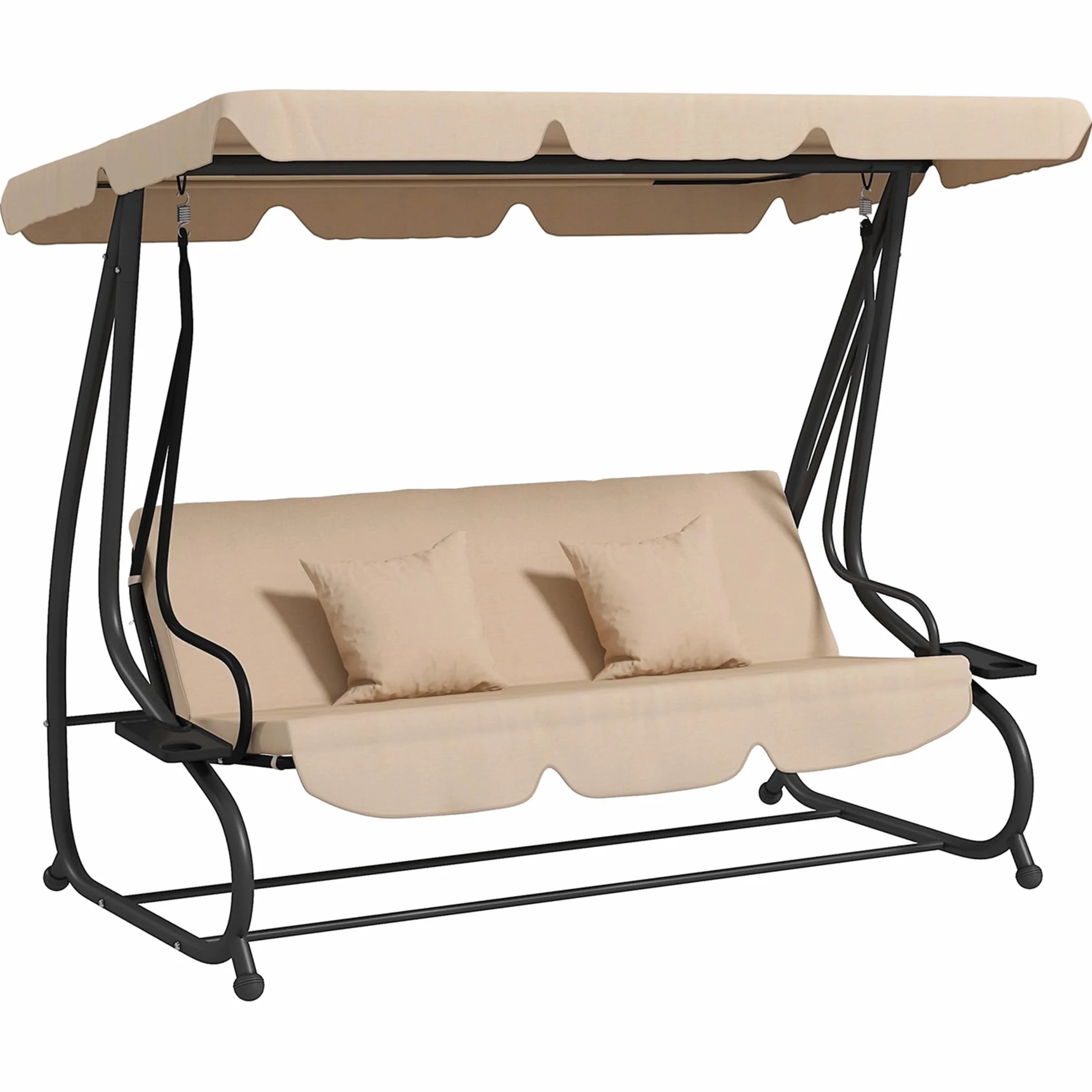 Outsunny Balancín de Jardín Exterior de 3 Plazas Columpio de Jardín Exterior Convertible en Cama 2 en 1 con Toldo Ajustable Soportes Laterales y 2 Almohadas Carga 340 kg 200x120x164 cm Arena