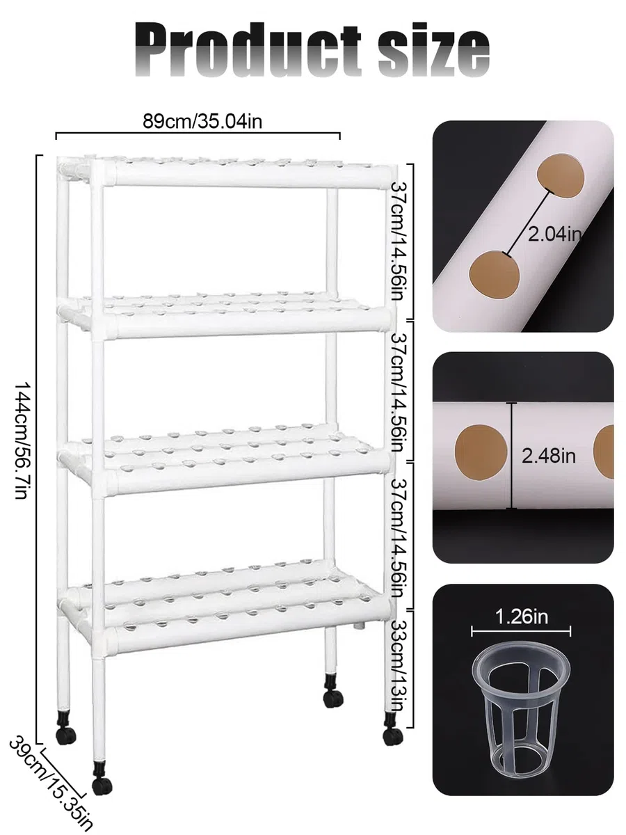 Kalolary Kit de Cultivo Hidropónico, 4 Capas 108 Agujeros Sistema Hidropónico Kit de Cultivo Hidropónico de PVC con 12 Tubos Hidropónicos para Hortalizas en Casa Jardín y Oficina