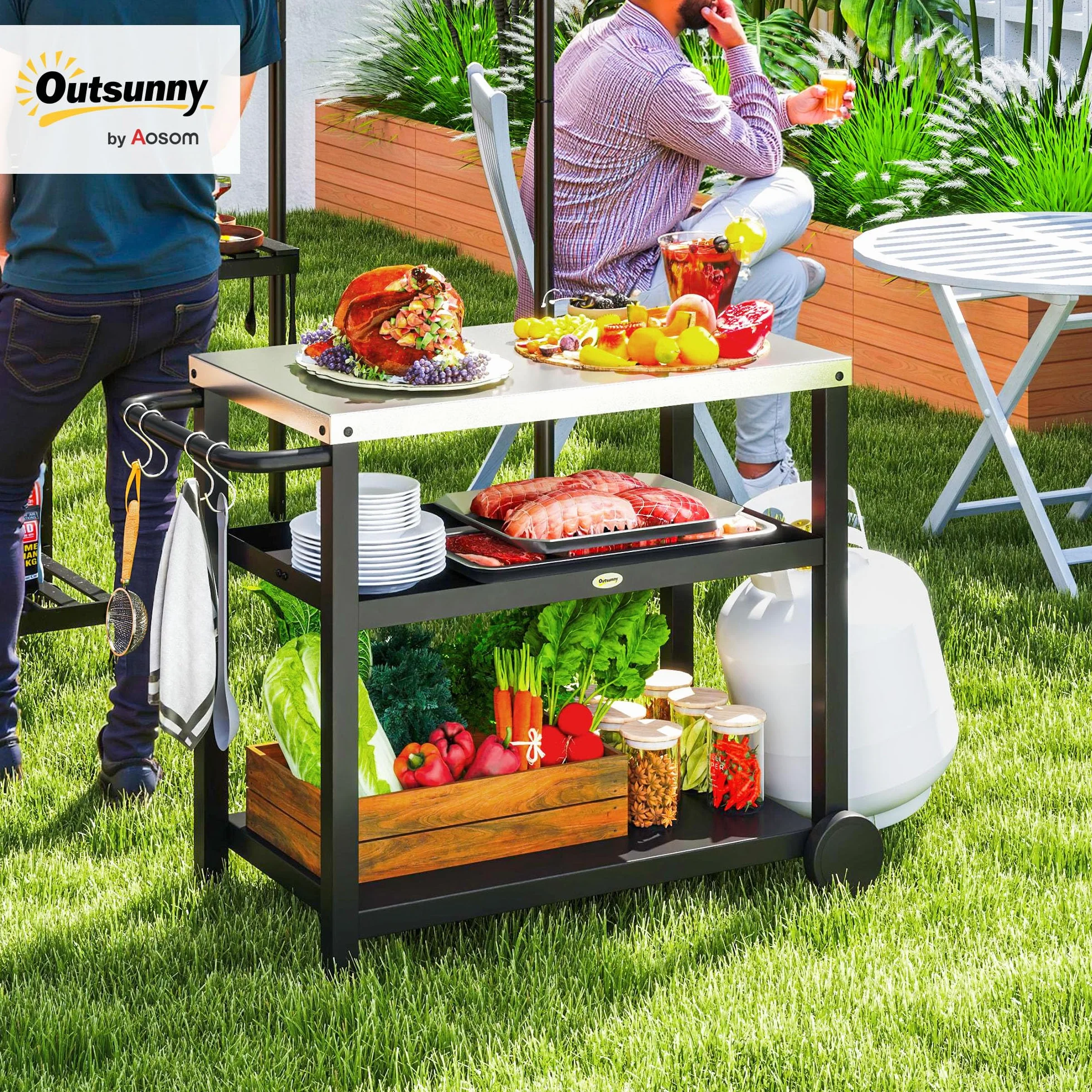 Outsunny Carrito de Parrilla de 3 Niveles Carrito de Barbacoa Carro de Servicio con 2 Ruedas Estantes Encimera de Acero Inoxidable y Asa Mesa de Horno de Pizza para Jardín Patio Gris Carbón