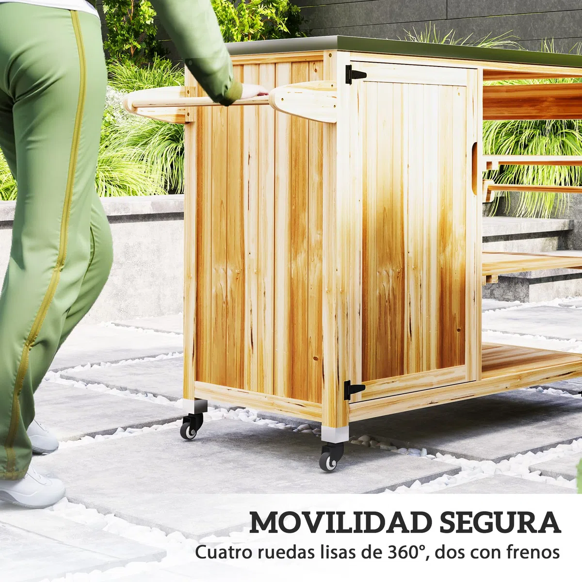 Outsunny Carrito de Parrilla Carrito de Barbacoa con 4 Ruedas Carro de Servicio de Madera Encimera de Acero Inoxidable Toallero y Especiero Estantes Armario para Patio Jardín 134,5x50x91,5 cm Natural