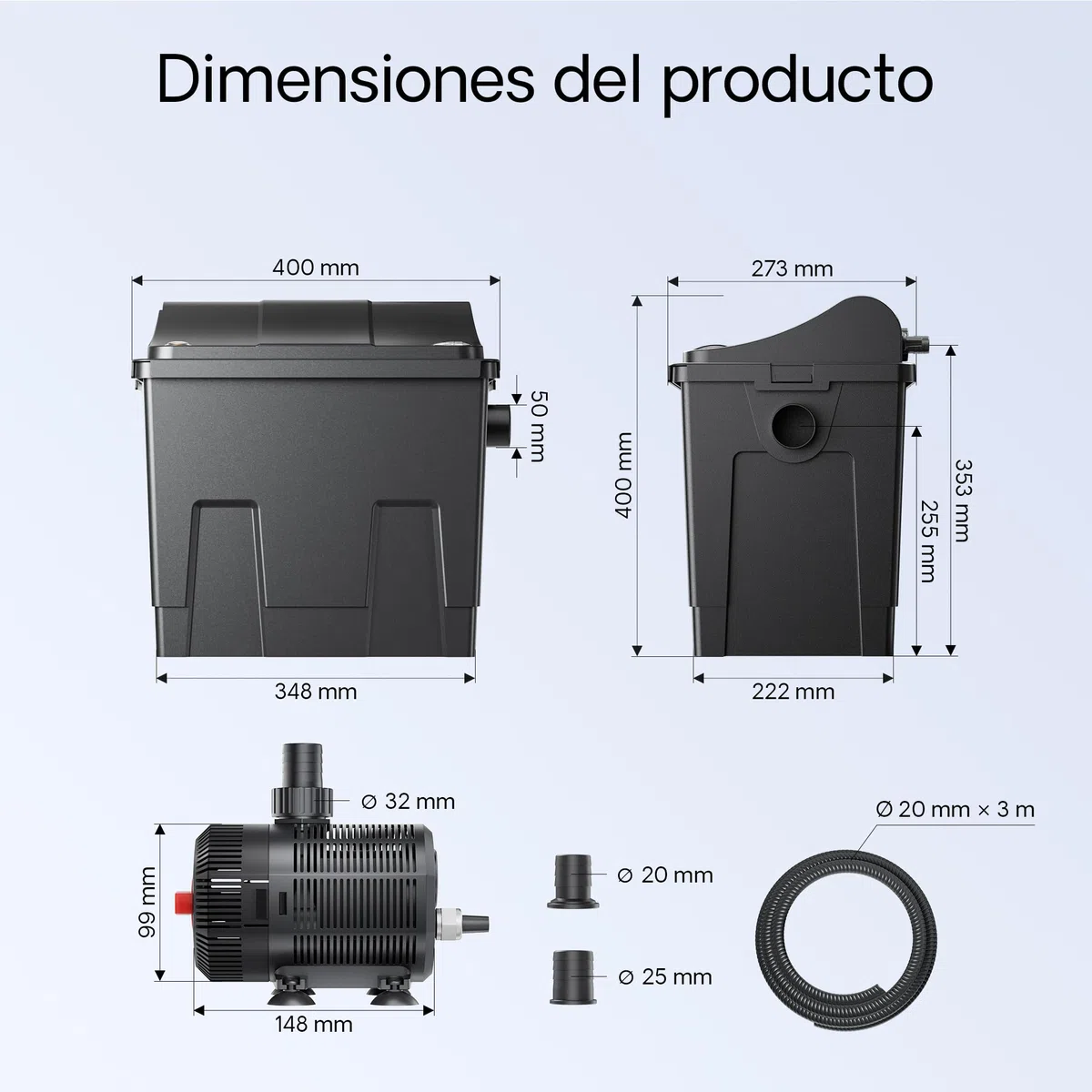 SunSun CBF-200T Bio Filtro de Estanque Set Completo con clarificador UVC 9 W, Bomba 2300 l/h 35 W termómetro y Medios fitrantes, Sistema de filtración biológica
