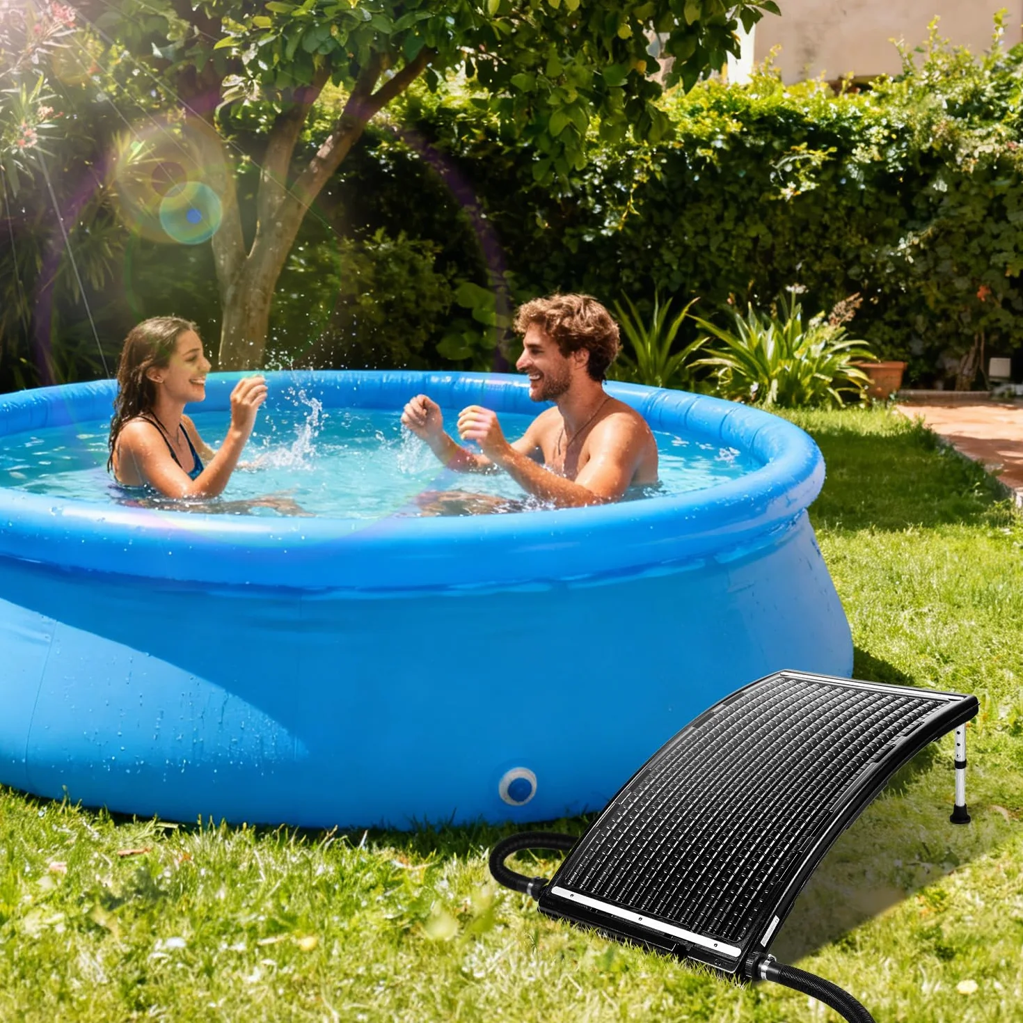 Calentador solar de piscina, colector solar 110 x 65 x 35 cm ajustable en altura, calentador solar de piscina 10000 L/H, conexión de 38 mm ampliable, para agua caliente de ducha de jardín