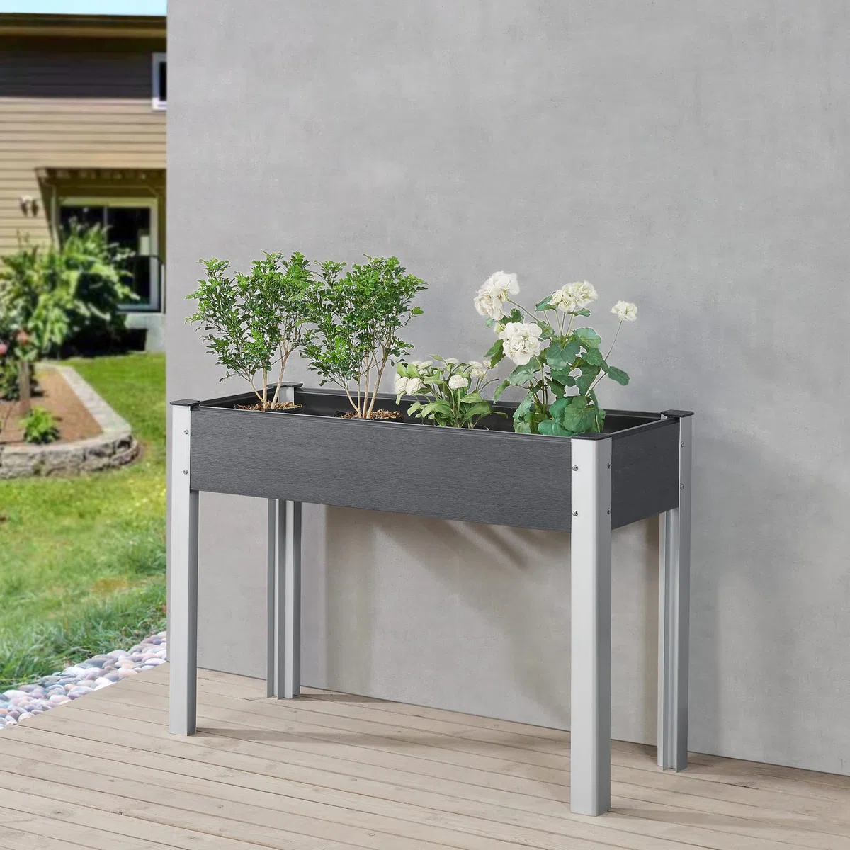 [en.casa] Huerto Urbano Beverwijk Mesa de Cultivo Rectangular Jardinera Soporte para Plantas Exterior Base de Rejilla Aluminio WPC 100 x 40 x 75 cm Gris Oscuro